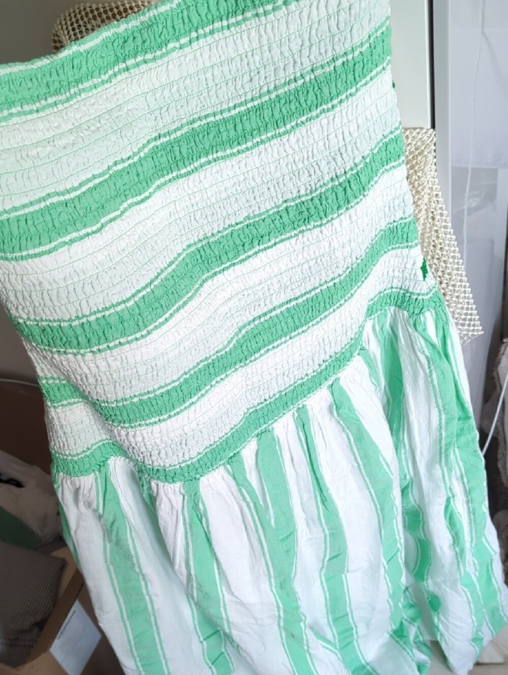 NWT🔖XL Anthropologie Strapless Green and White Smocked Dress - Picture 8 of 12
